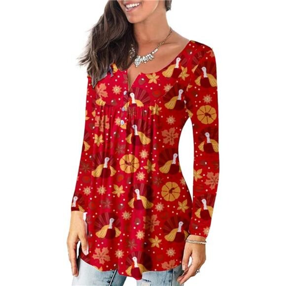 Women’s Button Front Henley V-neck Loose Fit Halloween Tunic - Picture 2 of 4